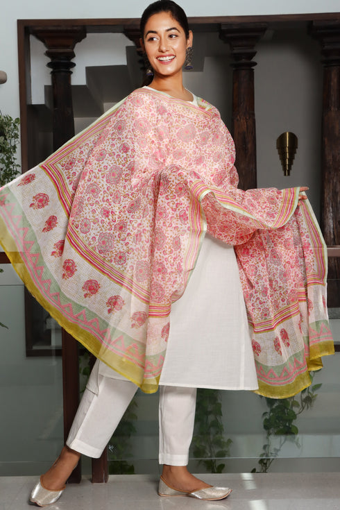 Kota Doria Dupatta In Floral Block Print